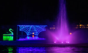 Colorful neon spider web and fountain at night.