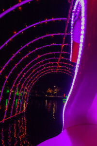 Illuminated tunnel of purple and red lights over water at night.