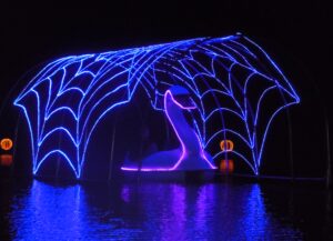 Illuminated boat shaped like a spider web and spider at night on water.